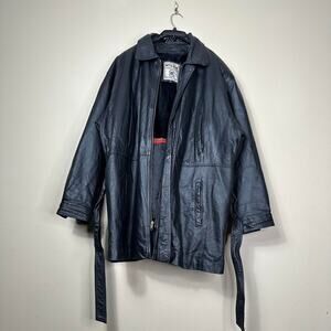 Vintage Wilda Oversized Black Leather Belted Jacket – Faux Fur Lining – XL